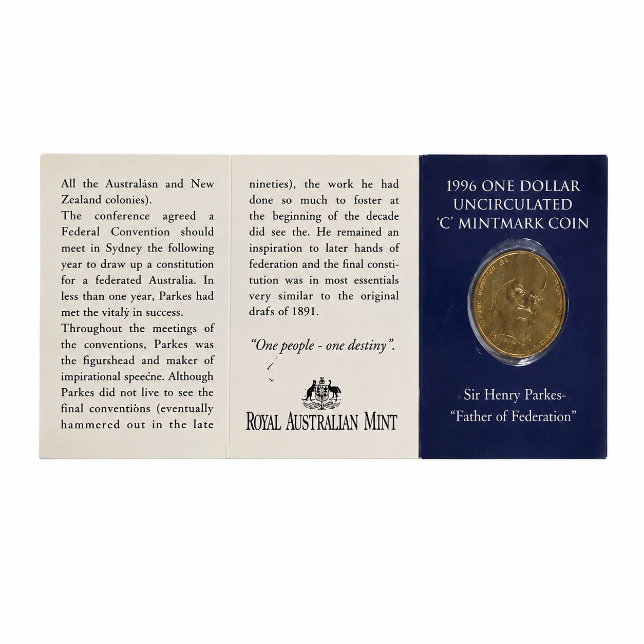 1996 One Dollar Uncirculated C Mint Mark Coin Sir Henry Parkes